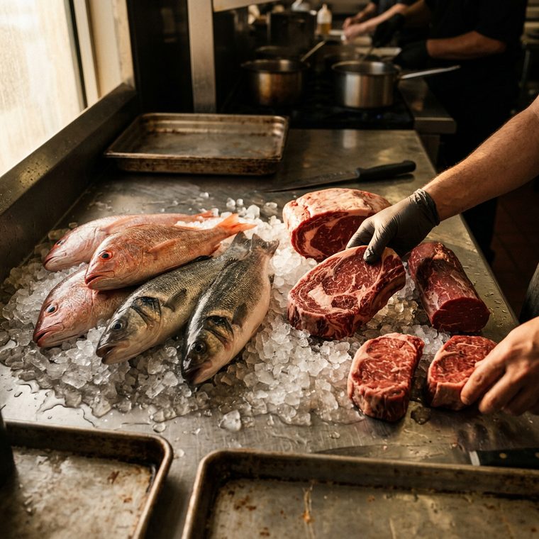 Pescado entero y cortes de res recién recibidos sobre hielo