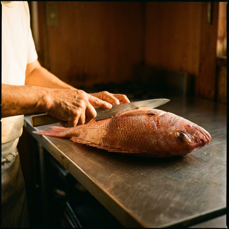 Manos fileteando un pescado sobre mesa de acero