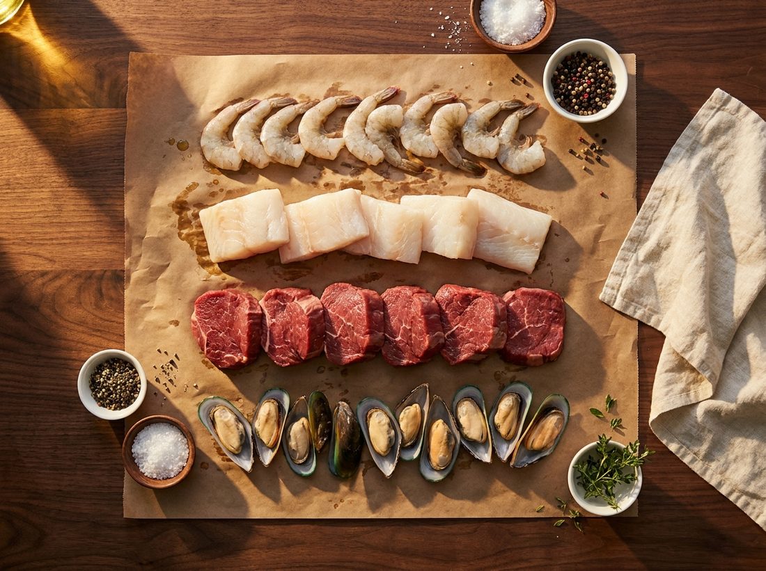 Langostino pelado, filetes de pescado, cortes de res y mejillones porcionados sobre papel de carnicería